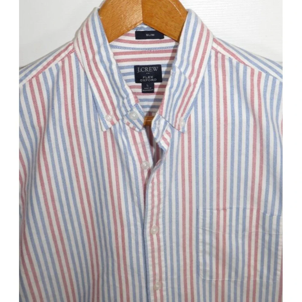 J.CREW Flex Oxford Slim Fit Button Down Shirt White/Red/Blue Stripes Size LG